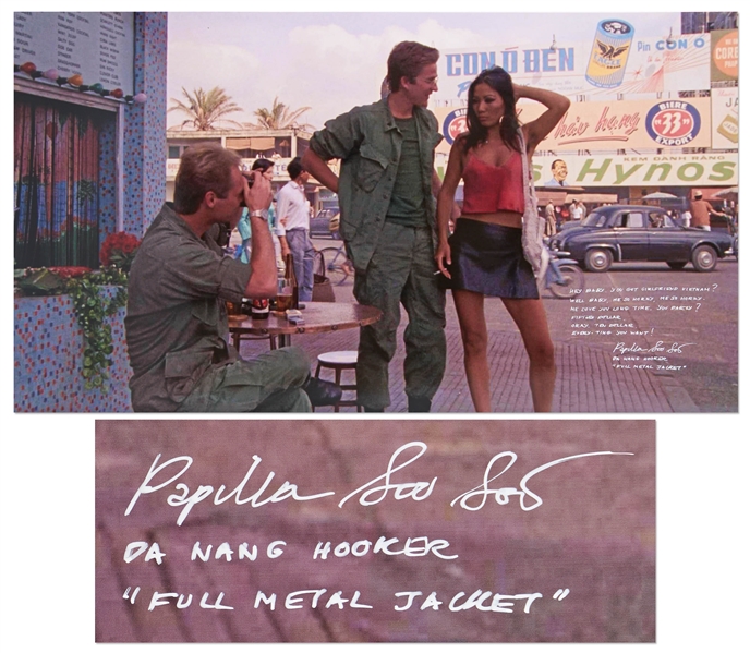 Iconic ''Full Metal Jacket'' Da Nang Hooker Scene 30'' x 16.5'' Photo with Actress Papillion Soo Soo Handwriting Most of Her Infamous Lines -- ''Me So Horny, Me Love You Long Time''