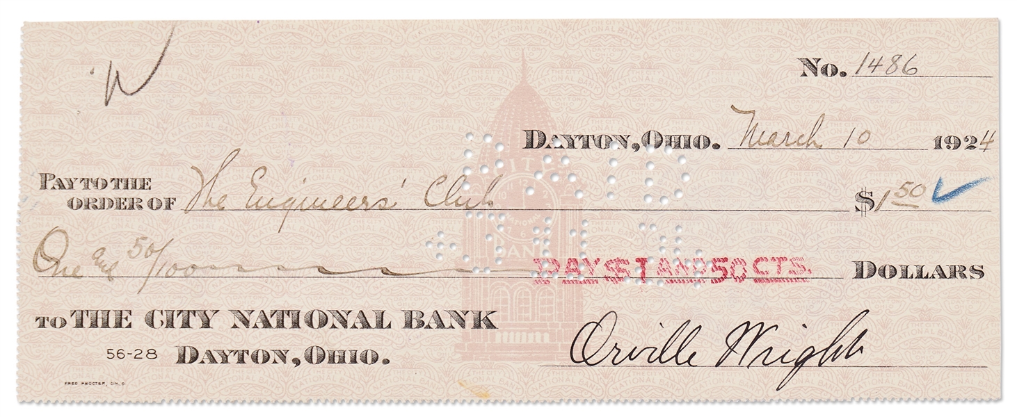 Orville Wright Check Signed and Handwritten to The Engineers' Club