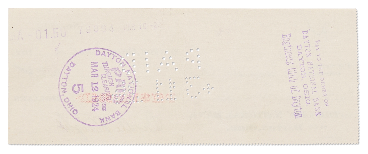 Orville Wright Check Signed and Handwritten to The Engineers' Club