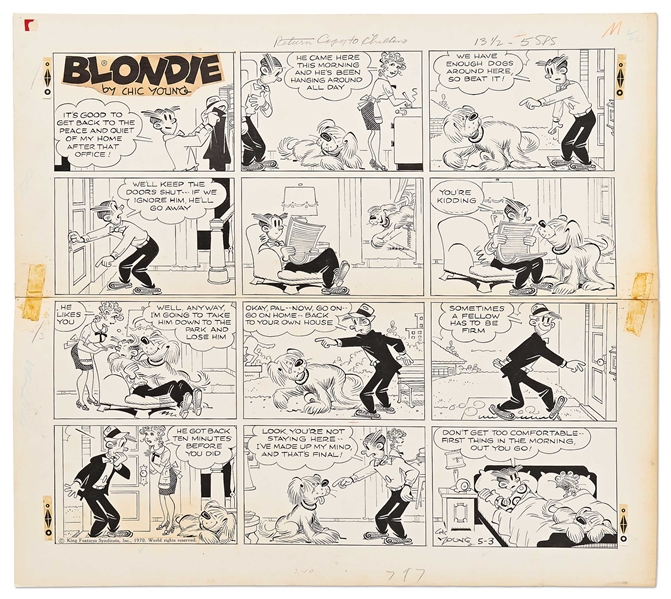 Chic Young Hand-Drawn ''Blondie'' Sunday Comic Strip From 1970 -- The Bumsteads Have a New Dog!