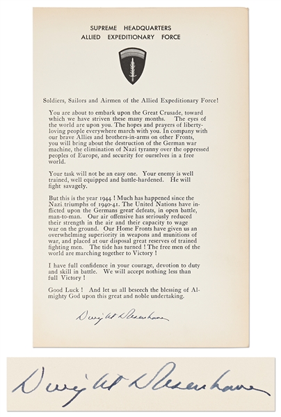 Dwight D. Eisenhower Signed D-Day Speech -- With University Archives COA