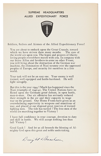 Dwight D. Eisenhower Signed D-Day Speech -- With University Archives COA