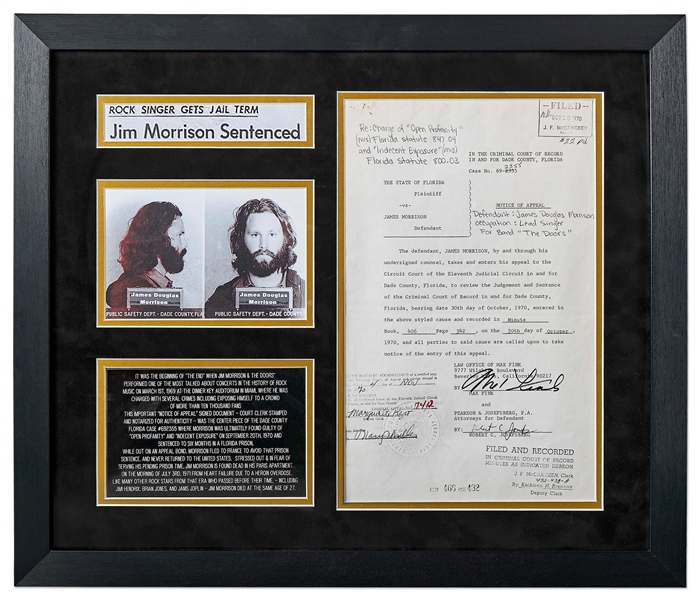 Jim Morrison Notarized Legal Document from 1970 Regarding His Arrest for Profanity and Lewd Conduct -- Signed by Morrison's Lawyers, Document Appeals Morrison's Guilty Verdict