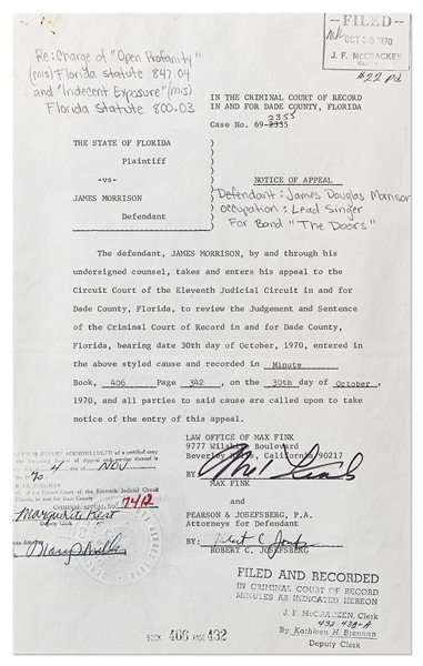 Jim Morrison Notarized Legal Document from 1970 Regarding His Arrest for Profanity and Lewd Conduct -- Signed by Morrison's Lawyers, Document Appeals Morrison's Guilty Verdict