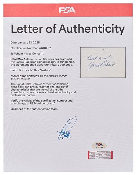 Large Jackie Robinson Signature Without Inscription -- With PSA COA