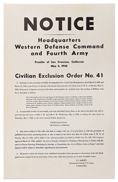 Original Broadside from 1942 Regarding the Internment of Japanese Citizens Living in San Francisco