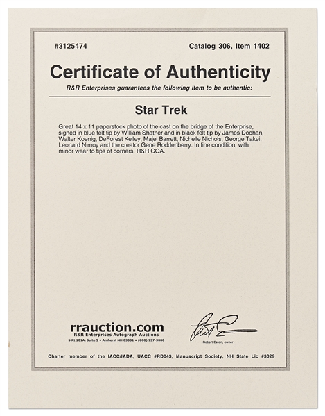 Star Trek Photo Signed by 8 of the Cast Plus Creator Gene Roddenberry -- Measures 14'' x 11'' -- With R&R COA