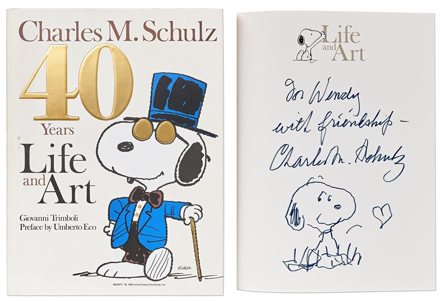 Charles Schulz Signed Snoopy Sketch, Drawn Within a First Edition of the Large Coffee Table Book ''40 Years Life and Art''