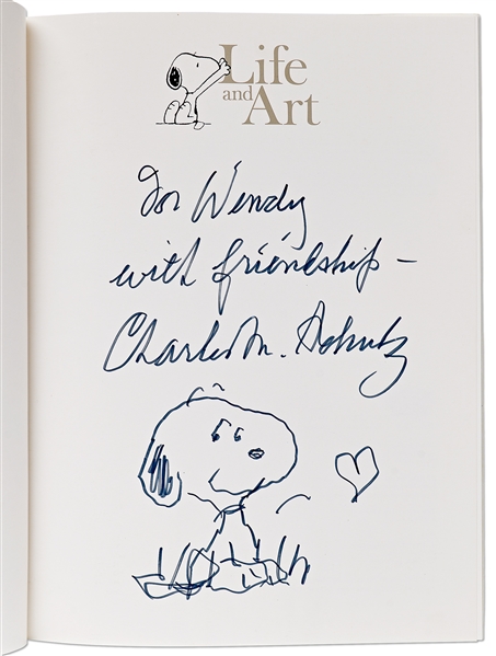 Charles Schulz Signed Snoopy Sketch, Drawn Within a First Edition of the Large Coffee Table Book ''40 Years Life and Art''