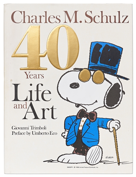 Charles Schulz Signed Snoopy Sketch, Drawn Within a First Edition of the Large Coffee Table Book ''40 Years Life and Art''