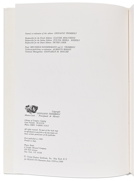 Charles Schulz Signed Snoopy Sketch, Drawn Within a First Edition of the Large Coffee Table Book ''40 Years Life and Art''
