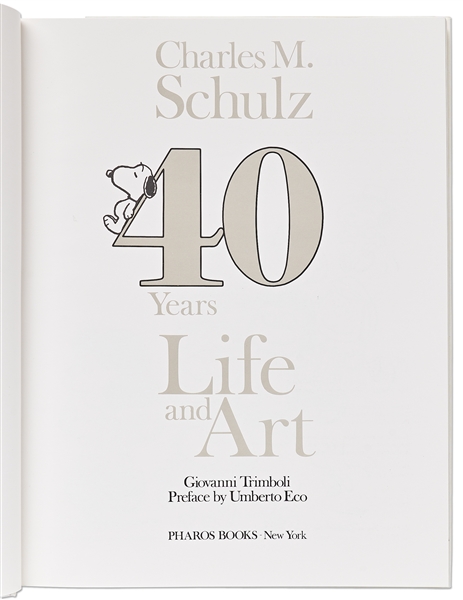 Charles Schulz Signed Snoopy Sketch, Drawn Within a First Edition of the Large Coffee Table Book ''40 Years Life and Art''