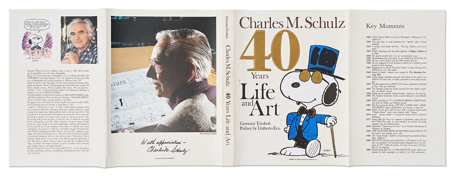 Charles Schulz Signed Snoopy Sketch, Drawn Within a First Edition of the Large Coffee Table Book ''40 Years Life and Art''