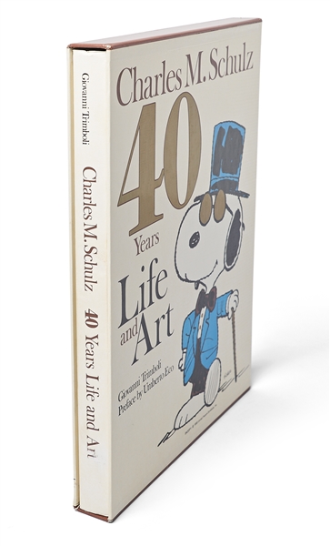 Charles Schulz Signed Snoopy Sketch, Drawn Within a First Edition of the Large Coffee Table Book ''40 Years Life and Art''