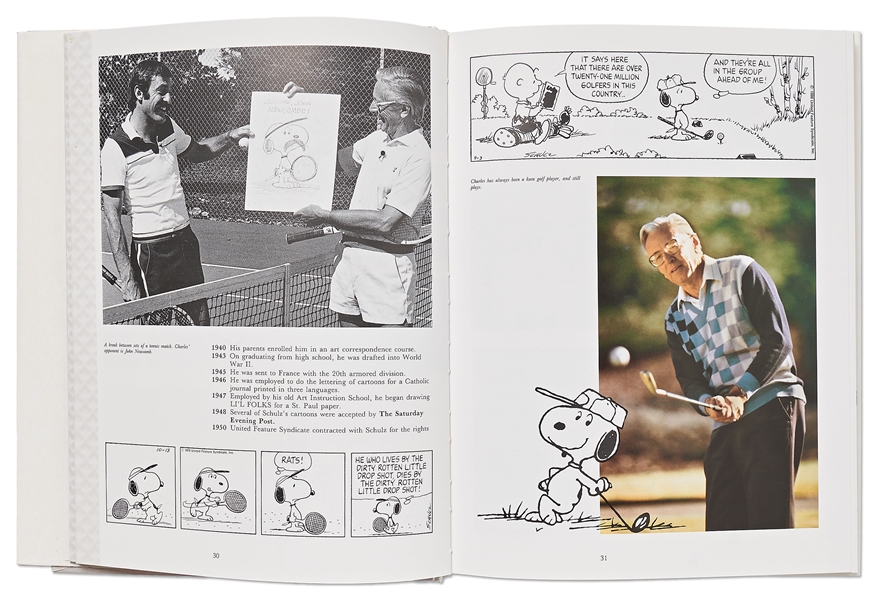 Charles Schulz Signed Snoopy Sketch, Drawn Within a First Edition of the Large Coffee Table Book ''40 Years Life and Art''