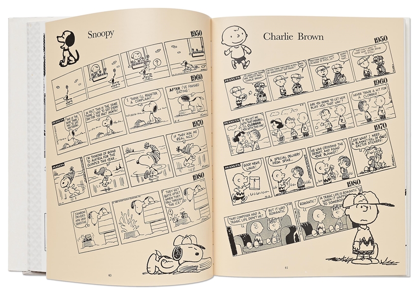 Charles Schulz Signed Snoopy Sketch, Drawn Within a First Edition of the Large Coffee Table Book ''40 Years Life and Art''