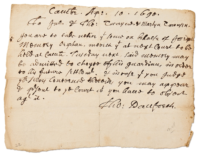Thomas Danforth Autograph Manuscript Signed From 1690 -- Danforth Served as Deputy Governor of the Massachusetts Bay Colony and Questioned Several Women Accused of Witchcraft in the Salem Witch Trials