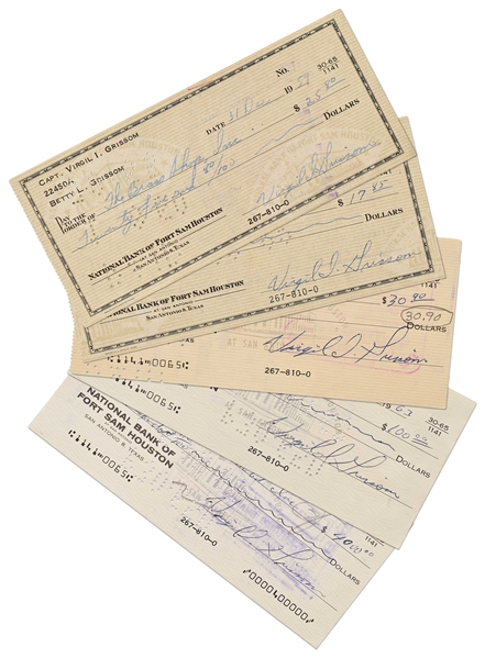 Gus Grissom Lot of Five Checks Signed ''Virgil I. Grissom'' and Completed in His Hand -- With Grissom Family LOA