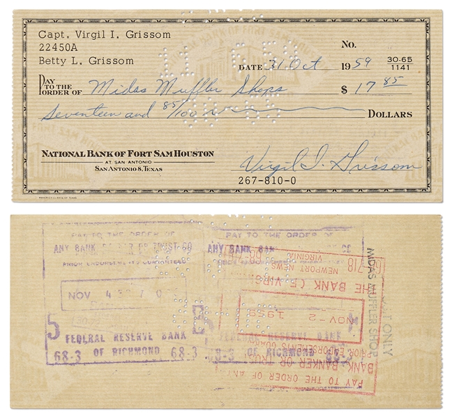 Gus Grissom Lot of Five Checks Signed ''Virgil I. Grissom'' and Completed in His Hand -- With Grissom Family LOA