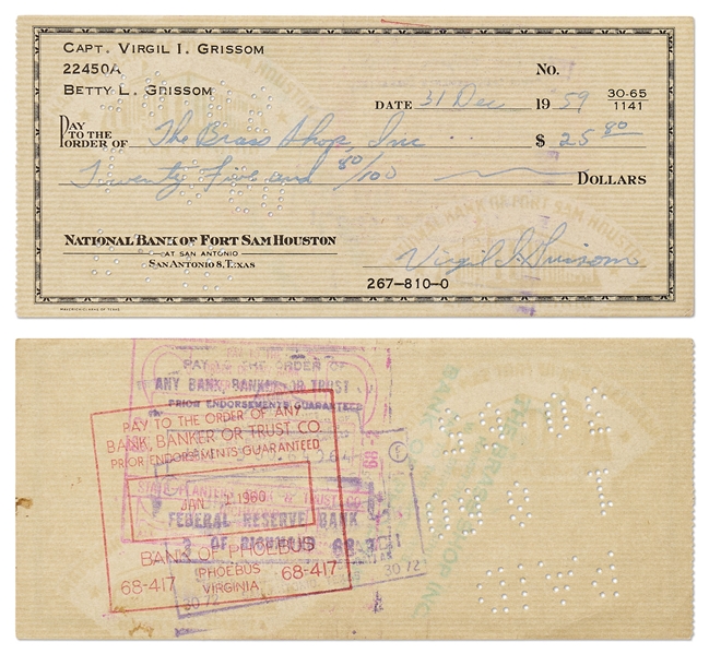 Gus Grissom Lot of Five Checks Signed ''Virgil I. Grissom'' and Completed in His Hand -- With Grissom Family LOA
