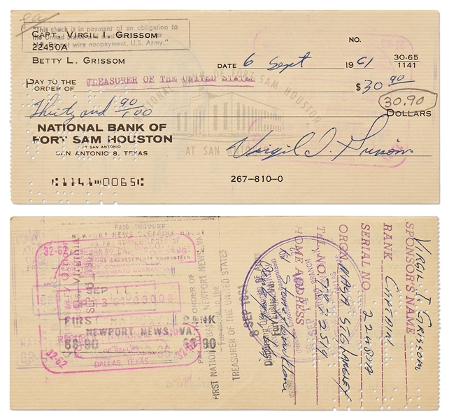Gus Grissom Lot of Five Checks Signed ''Virgil I. Grissom'' and Completed in His Hand -- With Grissom Family LOA