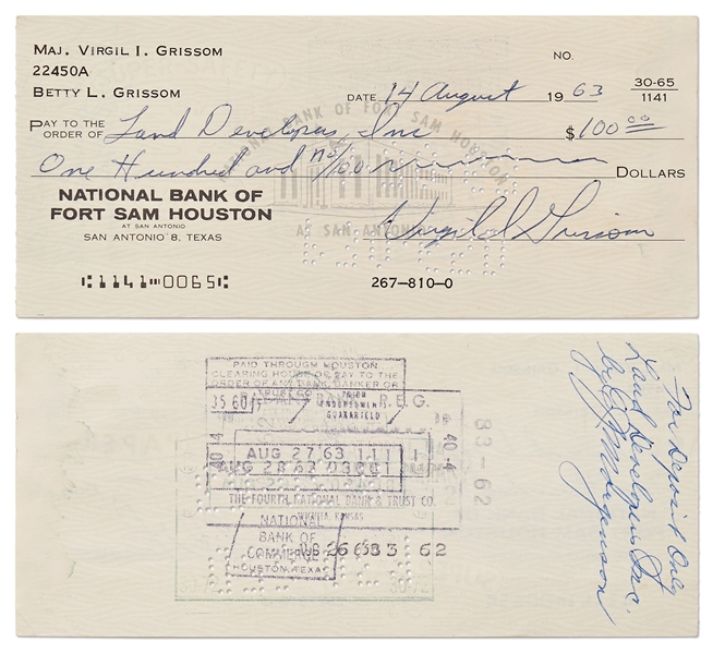 Gus Grissom Lot of Five Checks Signed ''Virgil I. Grissom'' and Completed in His Hand -- With Grissom Family LOA