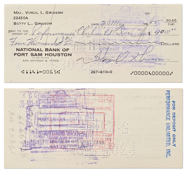 Gus Grissom Lot of Five Checks Signed ''Virgil I. Grissom'' and Completed in His Hand -- With Grissom Family LOA
