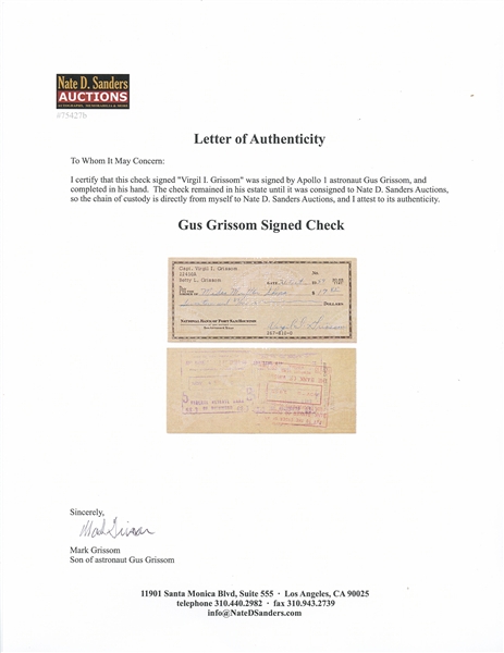 Gus Grissom Lot of Five Checks Signed ''Virgil I. Grissom'' and Completed in His Hand -- With Grissom Family LOA