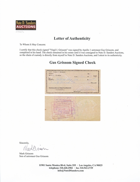 Gus Grissom Lot of Five Checks Signed ''Virgil I. Grissom'' and Completed in His Hand -- With Grissom Family LOA