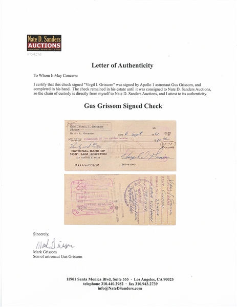 Gus Grissom Lot of Five Checks Signed ''Virgil I. Grissom'' and Completed in His Hand -- With Grissom Family LOA