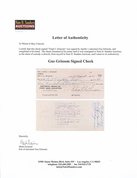 Gus Grissom Lot of Five Checks Signed ''Virgil I. Grissom'' and Completed in His Hand -- With Grissom Family LOA