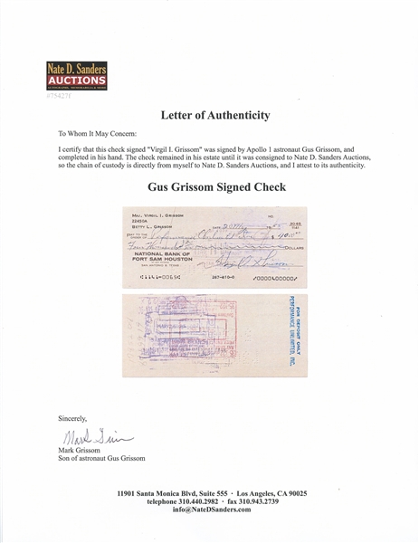 Gus Grissom Lot of Five Checks Signed ''Virgil I. Grissom'' and Completed in His Hand -- With Grissom Family LOA