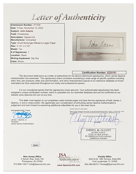 John Adams Signature -- With JSA COA