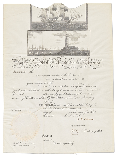 John Quincy Adams Ship's Papers Signed as President -- Countersigned by Henry Clay as Secretary of State