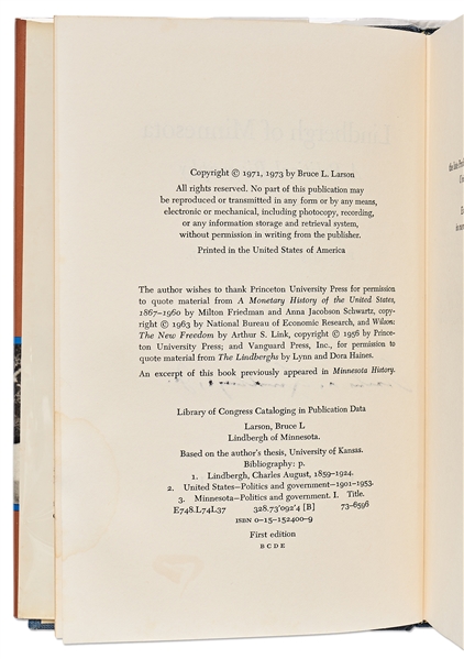 Charles Lindbergh Signed First Edition of ''Lindbergh of Minnesota''