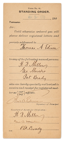 Thomas Edison Signed Form Authorizing Who Could Receive Mail on His Behalf