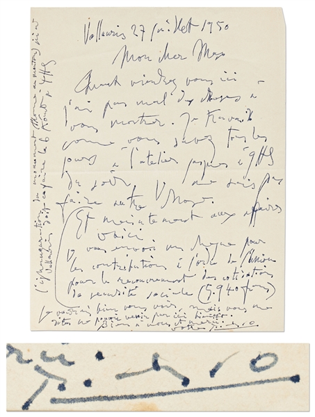 Pablo Picasso Autograph Letter Signed from 1950 Mentioning His Famous Artwork -- ''...The inauguration of the monument (L'homme au Mouton) here in Vallauris is meant to take place on 6th August...''