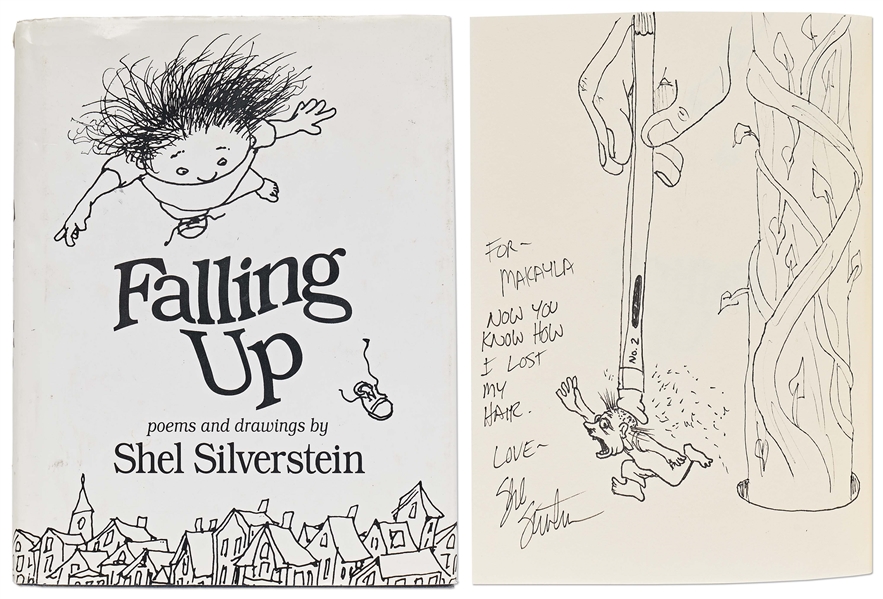 Shel Silverstein Large Hand-Drawn Sketch Within a Signed First Edition of ''Falling Up'' -- Silverstein Draws a Boy Having His Hair Erased by a No. 2 Pencil