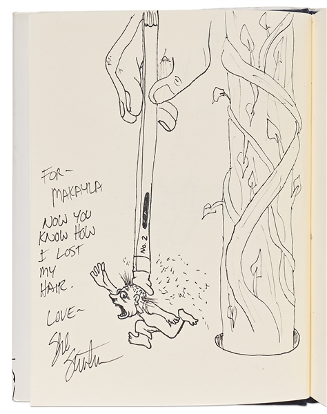 Shel Silverstein Large Hand-Drawn Sketch Within a Signed First Edition of ''Falling Up'' -- Silverstein Draws a Boy Having His Hair Erased by a No. 2 Pencil