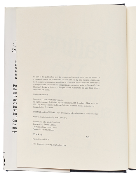 Shel Silverstein Large Hand-Drawn Sketch Within a Signed First Edition of ''Falling Up'' -- Silverstein Draws a Boy Having His Hair Erased by a No. 2 Pencil