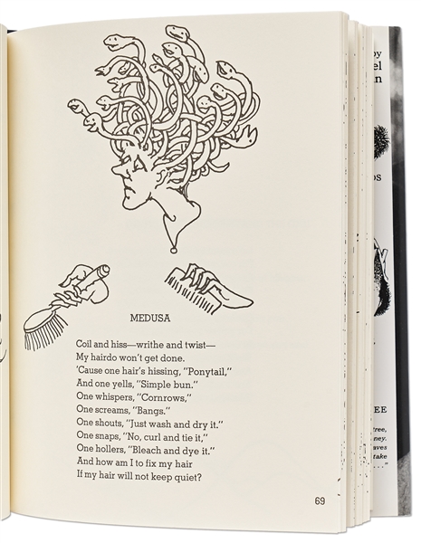 Shel Silverstein Large Hand-Drawn Sketch Within a Signed First Edition of ''Falling Up'' -- Silverstein Draws a Boy Having His Hair Erased by a No. 2 Pencil