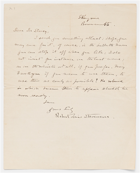 Robert Louis Stevenson Autograph Letter Signed -- ''...in the Sabbath morn you can stop it off...''