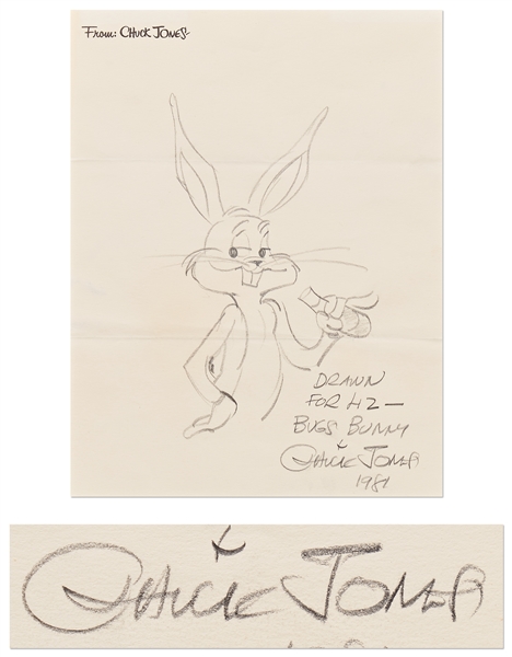 Chuck Jones Signed Hand-Drawn Sketch of Bugs Bunny -- Measures 8.25'' x 10.75''