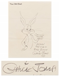 Chuck Jones Signed Hand-Drawn Sketch of Bugs Bunny -- Measures 8.25 x 10.75