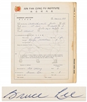 Bruce Lee Signed & Handwritten Martial Arts Application from 1964 for a Student at His Jun Fan Gung Fu Institute in Seattle -- From Lees First Institute Less Than One Year After He Opened It