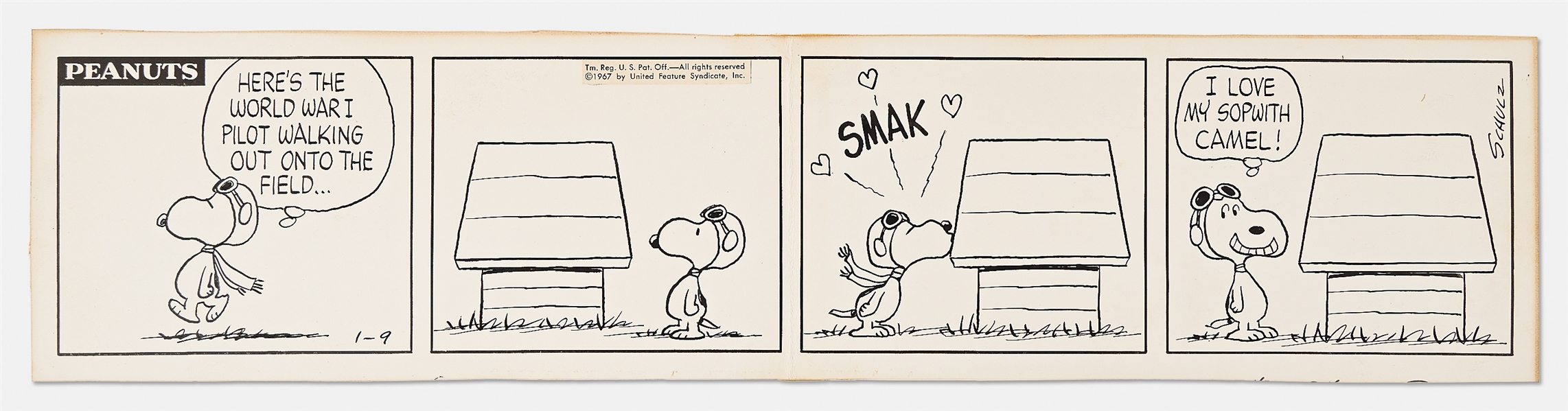 Original Charles Schulz Hand-Drawn ''Peanuts'' Comic Strip from 1967 -- Fantastic Strip Features Snoopy as the Flying Ace, Imagining His Doghouse as the Sopwith Camel