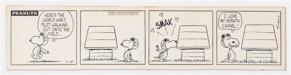 Original Charles Schulz Hand-Drawn Peanuts Comic Strip from 1967 -- Fantastic Strip Features Snoopy as the Flying Ace, Imagining His Doghouse as the Sopwith Camel