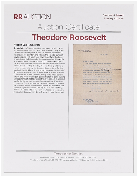 Theodore Roosevelt Letter Signed as President Regarding His Upcoming African Hunting Trip -- ''...it is a good thing to carry a shotgun on a trip like that...for lion hunting in the thick brush...''