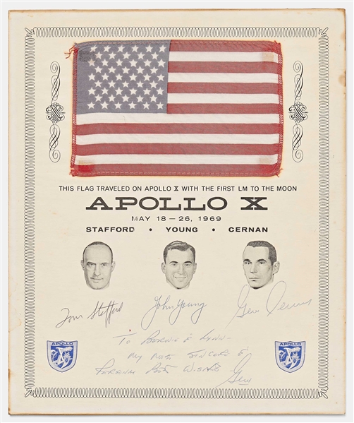 Apollo 10 Space Flown United States Flag, on NASA Certificate Signed by the Entire Crew