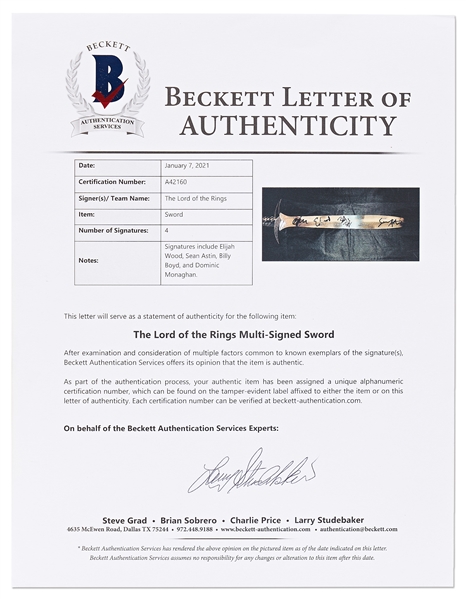 ''Lord of the Rings'' Cast-Signed Sword -- Signed by Elijah Wood, Sean Astin, Billy Boyd and Dominic Monaghan -- With Beckett COA